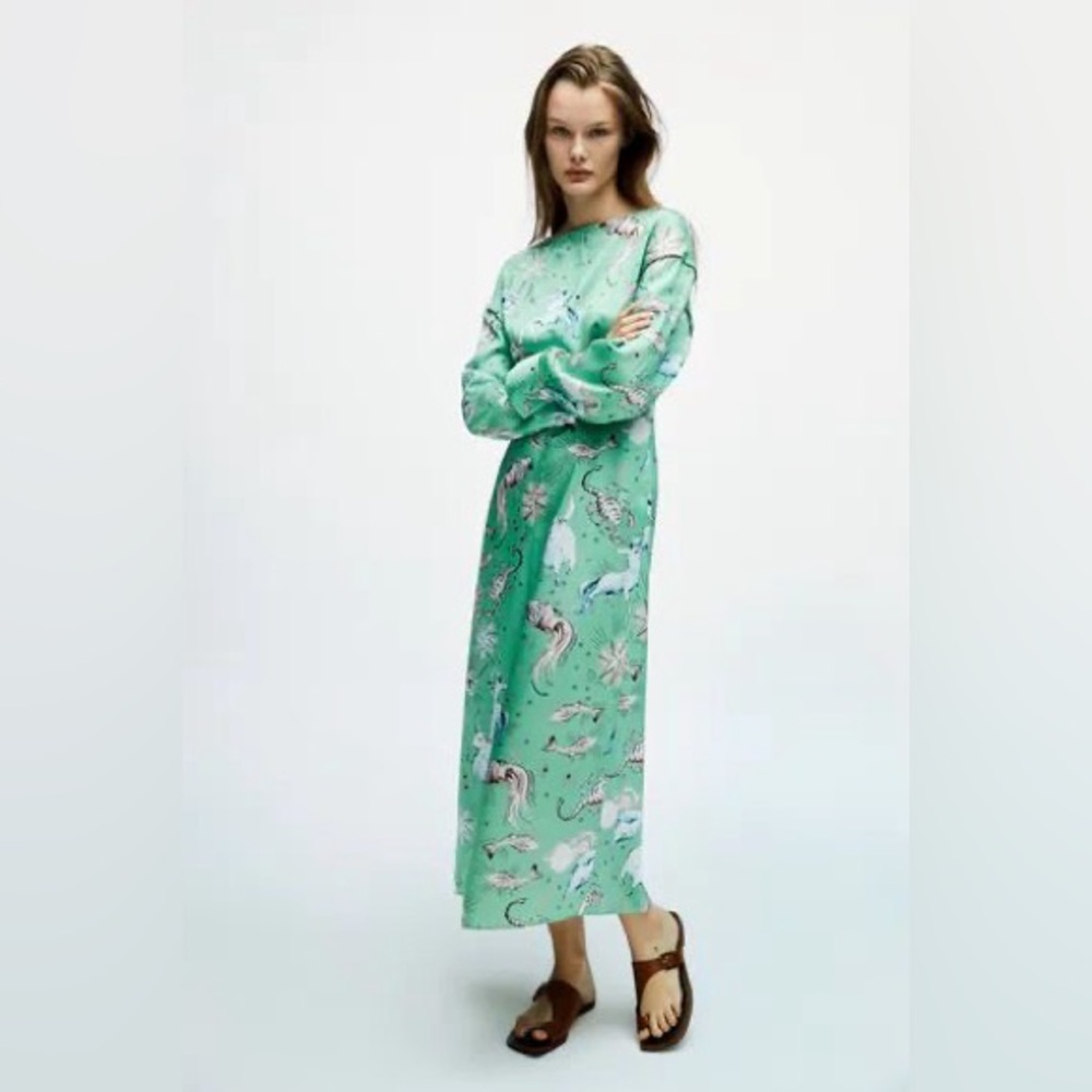 Zara Limited Edition Satin Mint Green Zodiac Print Midi Dress Size XS - Picture 4 of 9